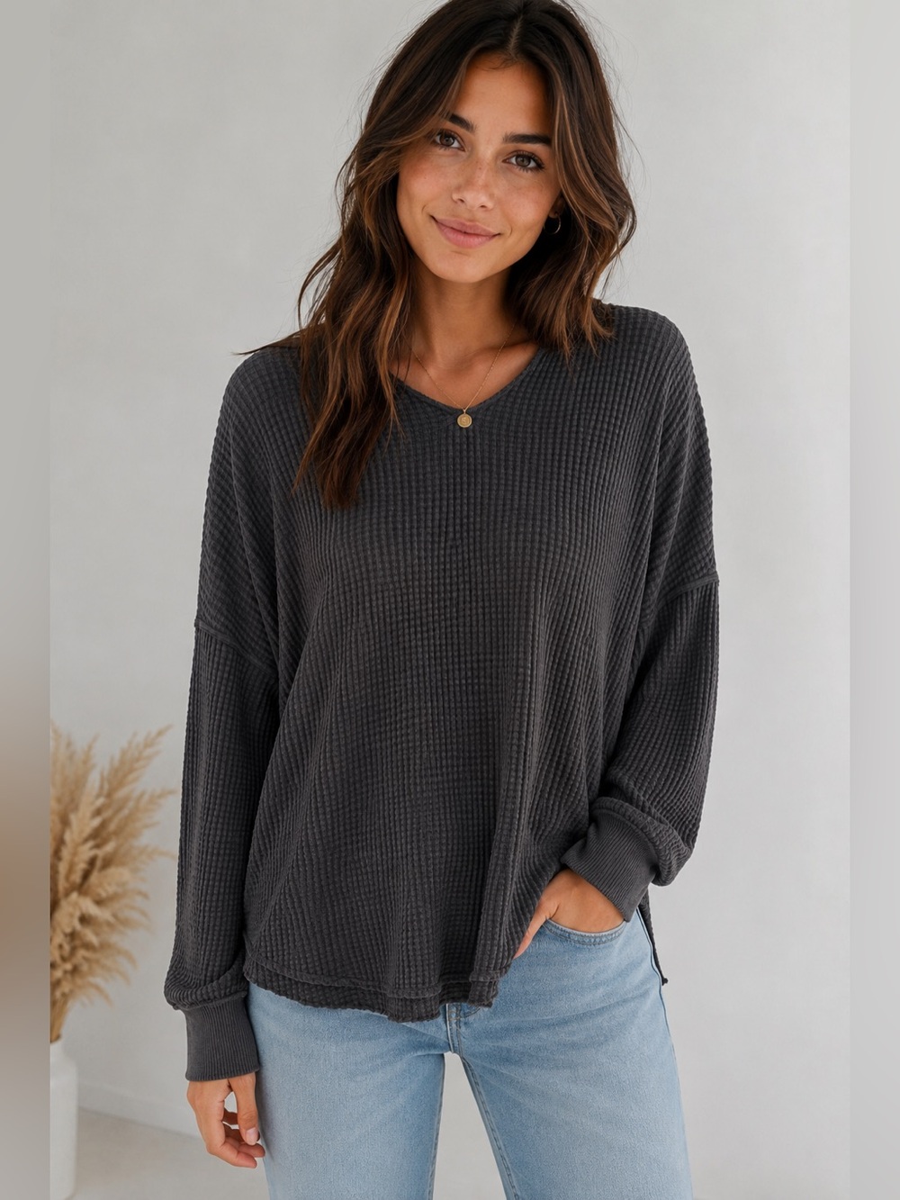 OFFLINE by Aerie Waffle Knit Oversized Long Sleeve Top L Charcoal 28x28